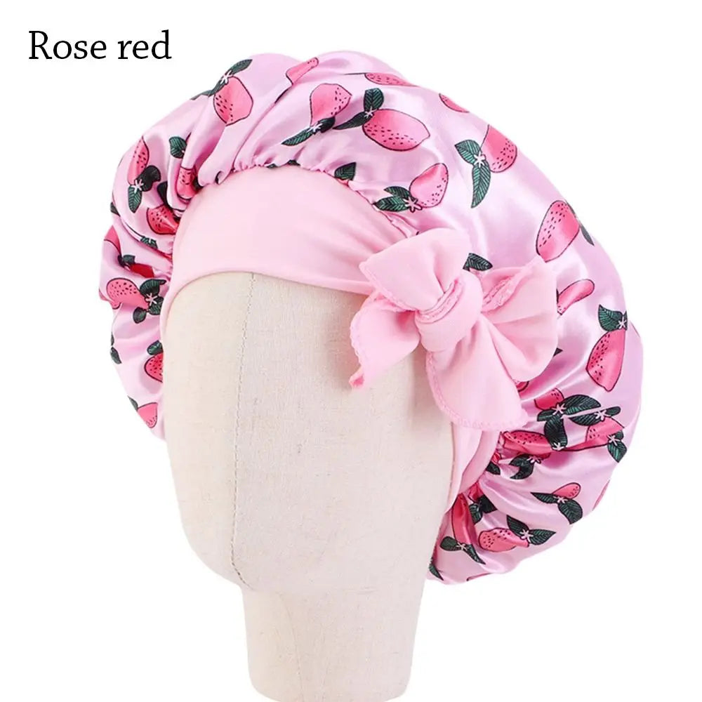 Kids Satin Bonnet Sleep Hat Silk Shower Cap for Child Hair Beanie At Night Boy Girls Flower Printed Silk Sleep Cap with Band Bow