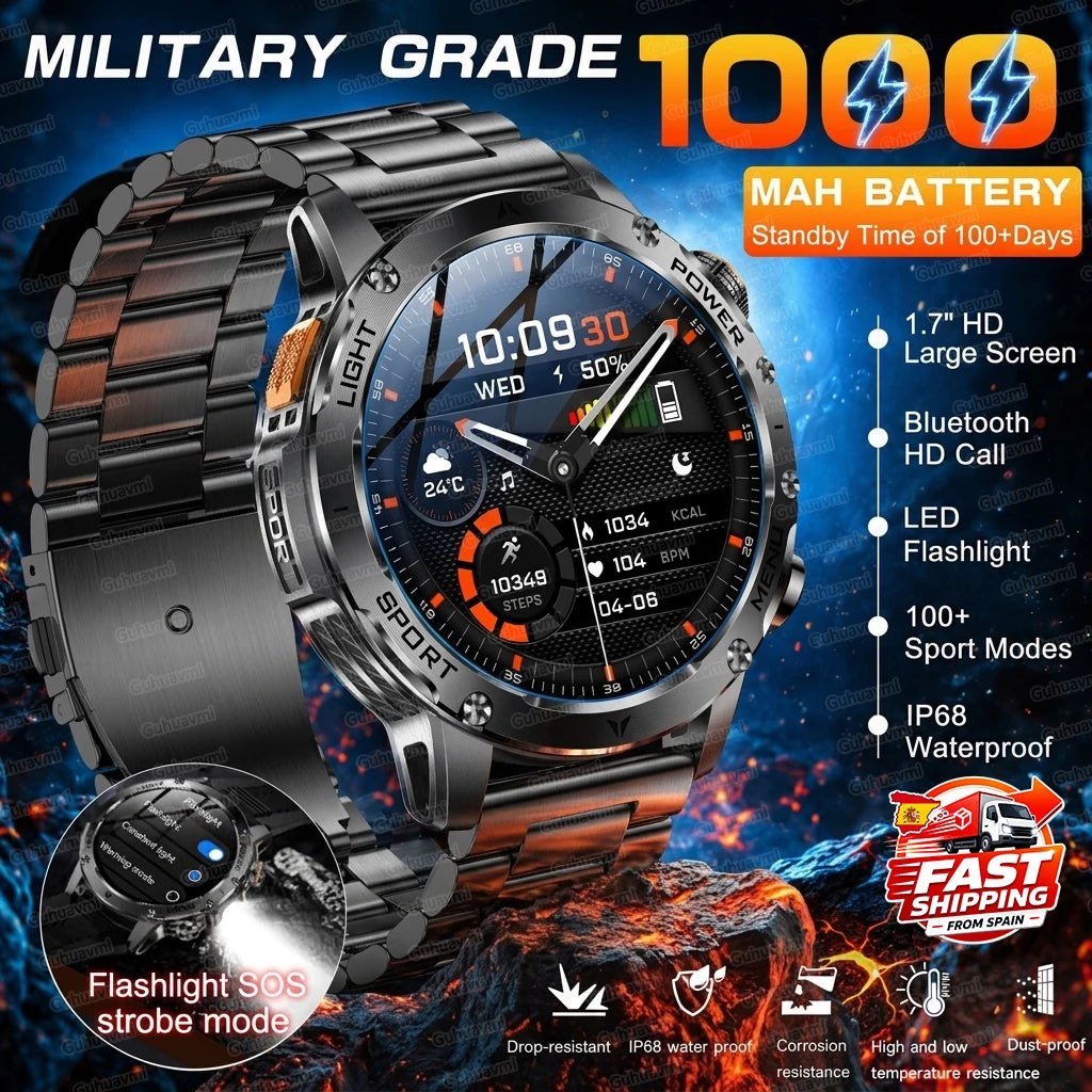 Novo Smartwatch Militar para Atividades ao Ar Livre (Modelo 2026) – Bateria de 1000 mAh de Longa Duração, Monitoramento de Fitness, À Prova d'Água, Estilo Tático e Esportivo