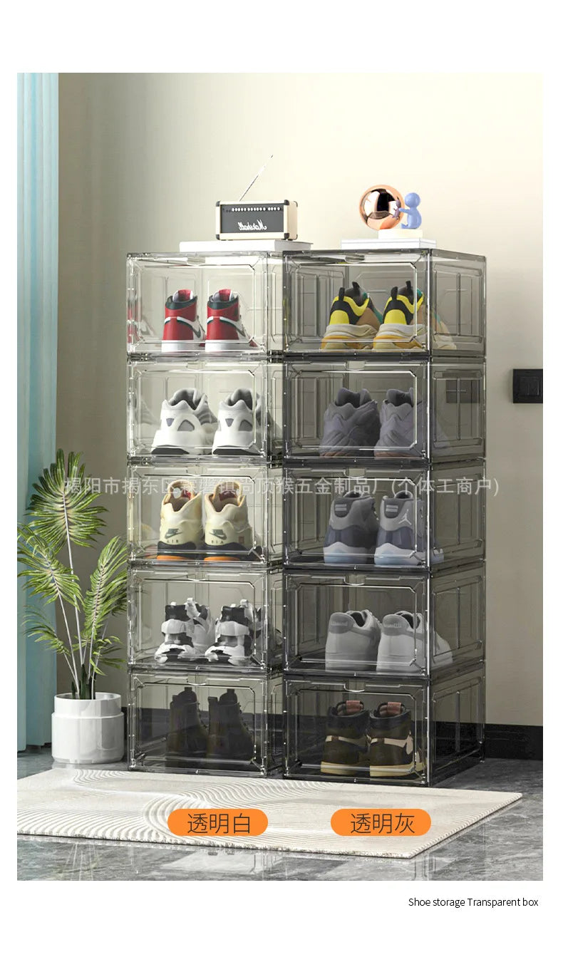 Transparent shoe box, magnetic suction door, thick plastic storage box, detachable dustproof shoe storage box