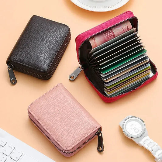 Tarjetero con múltiples ranuras, cartera pequeña vintage para mujer y hombre, cartera para tarjetas de crédito, monedero de cuero sólido con cremallera