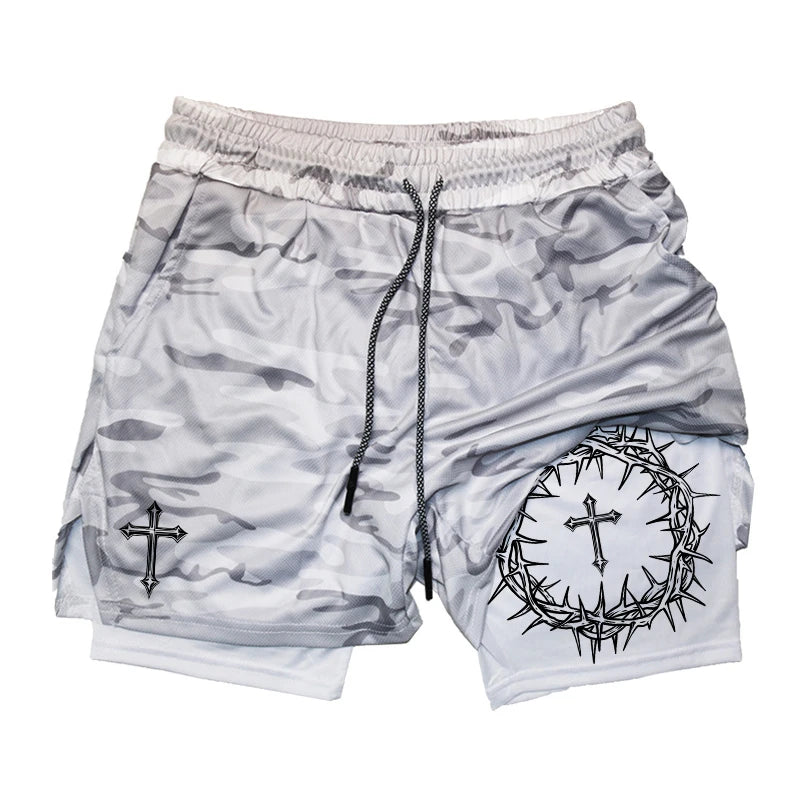 Cross Print 2 in 1 Workout Running Shorts for Men Christian Gym Performance Shorts with Phone Pocket Towel Loop Athletic Outfits