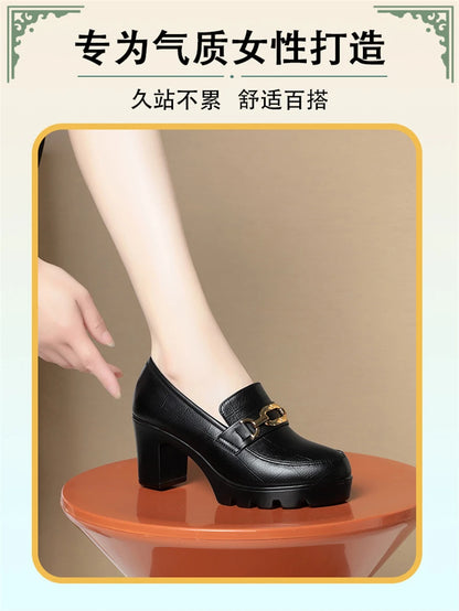 Zapato de piel suave negro para mujer, tacón de bloque 2024, plataforma gruesa, modelo oficina, trabajo, tacones altos de 6,5 cm y 8 cm, Grace