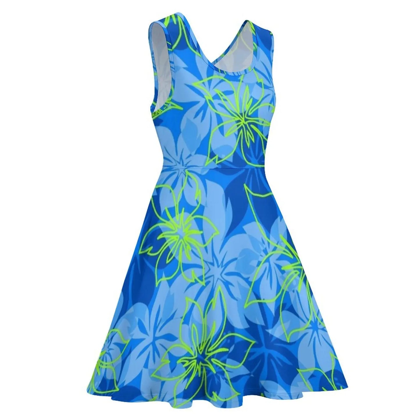 Olowalu Hibiscus Hawaiian Aloha Shirt Print - Blue and Lime Sleeveless Dress Beachwear summer women"s dress 2024