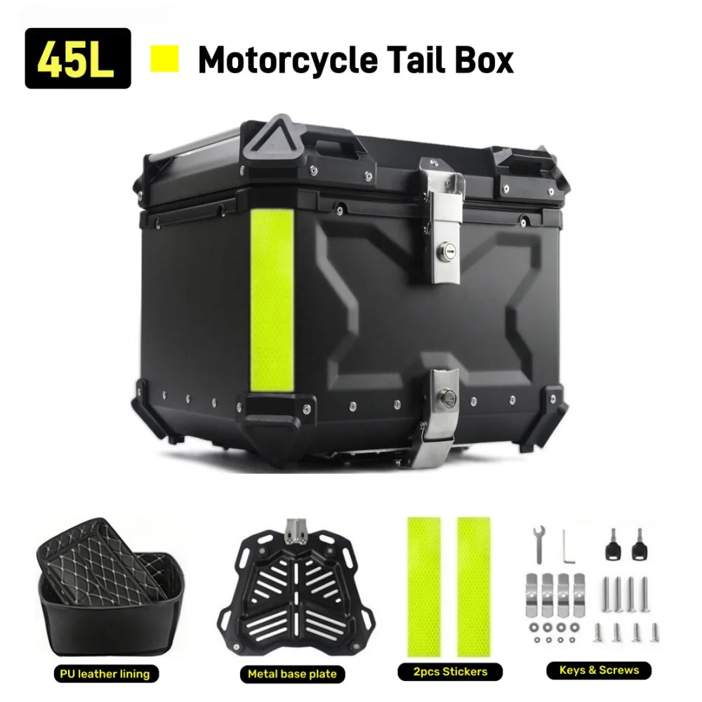 65/55/45L Aluminum Silvery Motorcycle Top Box Waterproof Rear Luggage Case Motorbike Trunk Tail Helmet Box Quick Release Toolbox