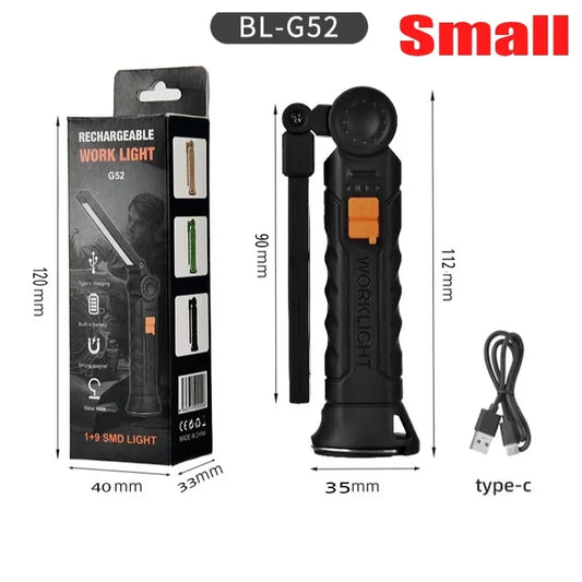 Luz de trabajo LED portátil multifuncional, recargable, impermeable, para acampar, linterna magnética con batería integrada, G51 