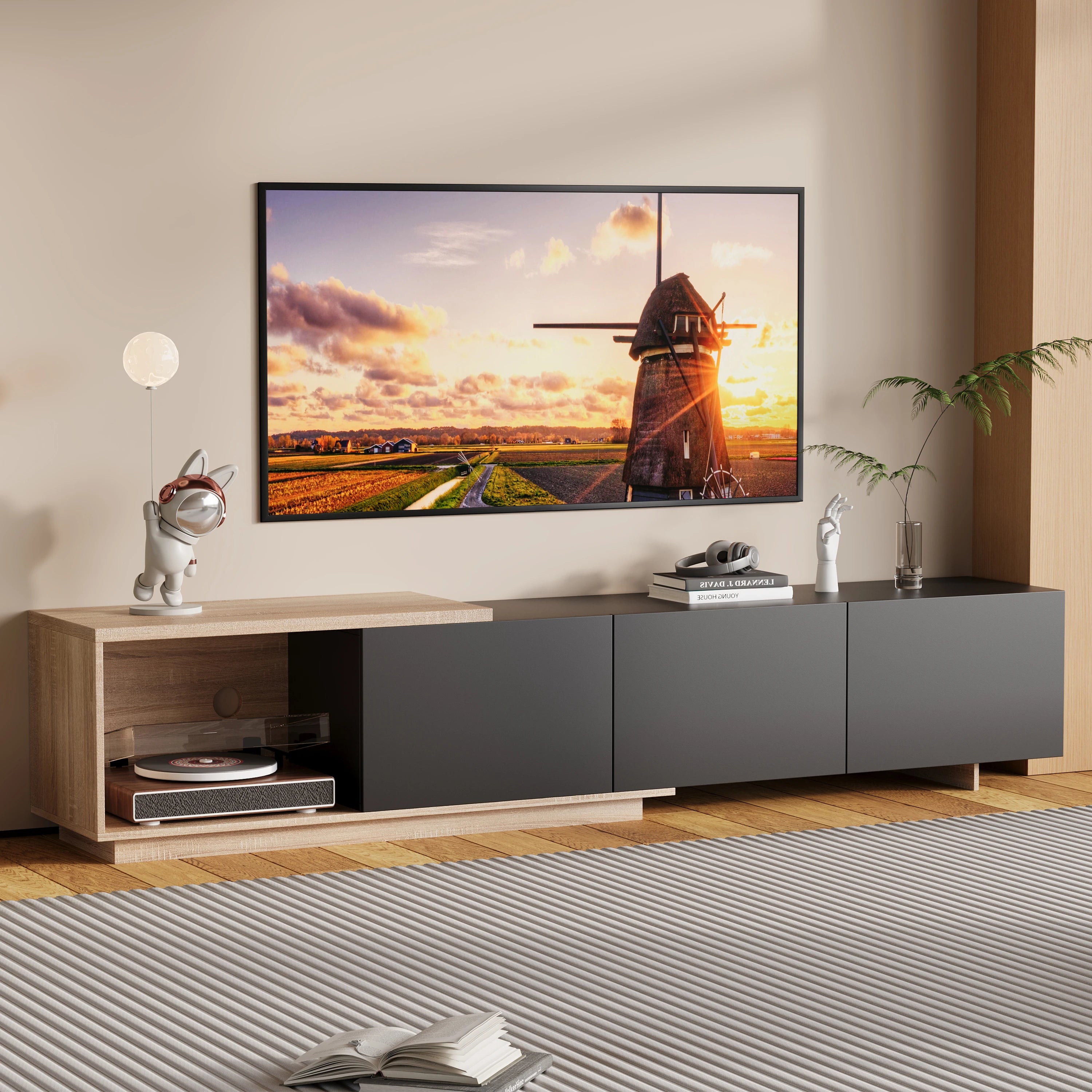 Comanlai 240cm Modern TV Cabinet with LED Lights  Living Room TV Cabinet with 3 Drawers and Open Storageextendable TV Stands