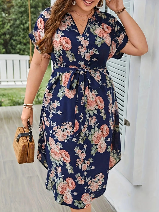Plus Size Summer Women Elegant Dress Vacation Vintage Floral Print Casual V Neck Lace Up Dresses