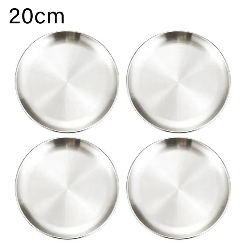 4Pcs Stainless Steel Round Plate Bone Spitting Dish Shallow Tray Metal Camping Plate Dining Disc BBQ Picnic Dishes Cookware