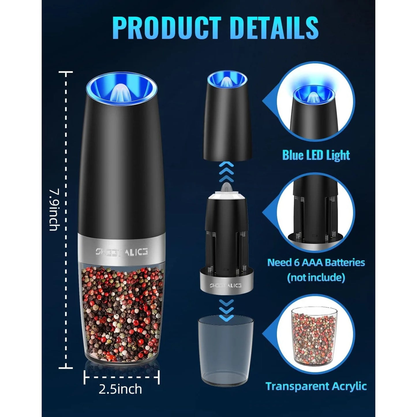 Electric Pepper and Salt Grinder Set Battery Operated with LED Lights One Hand Automatic Operation Stainless Steel Black