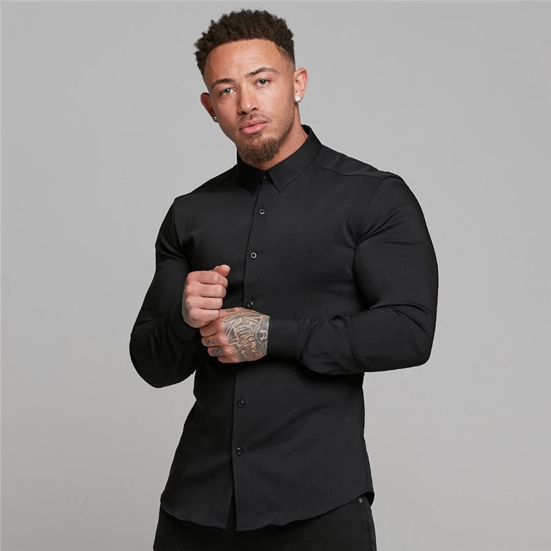 Men's Fitness Micro-bomb Long Sleeve Tee Tops Slim Fit Thin Breathable Muscle T-Shirt Turn Down Collar Business Non-Iron Shirts