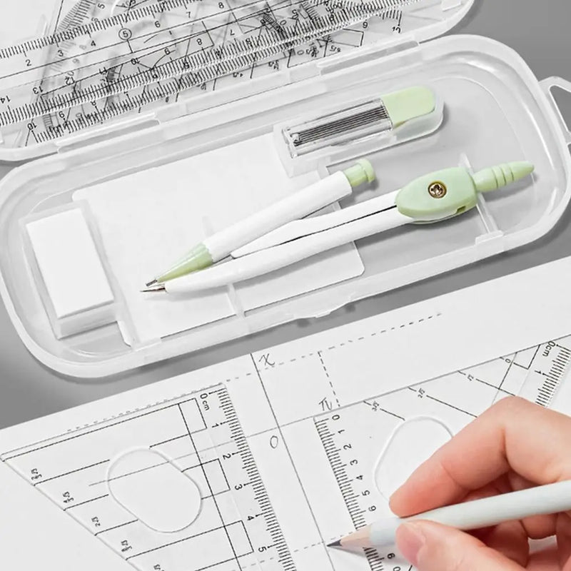 8PCS/Set Plastic Ruler Compasses Set Transparent Straight Ruler Measuring Ruler Set Square Eraser Protractor School Office