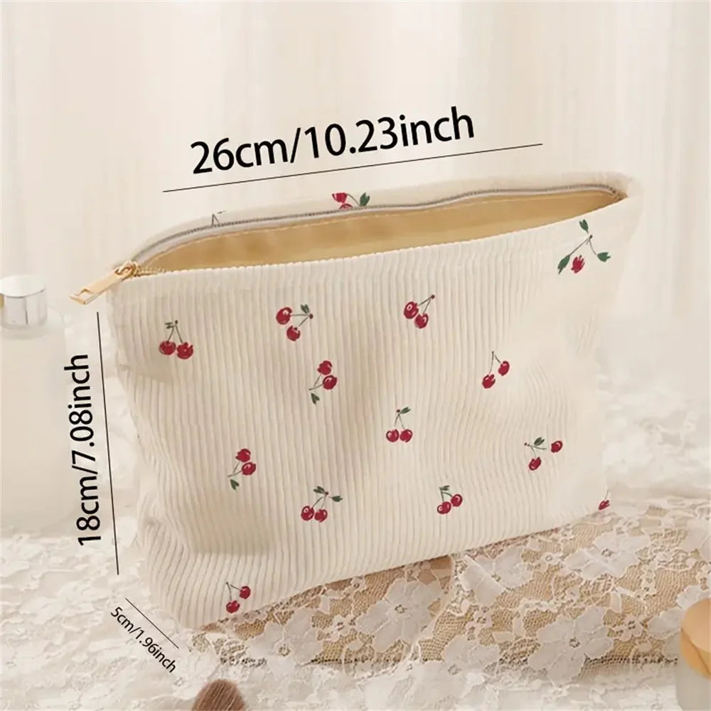 Portable Makeup Bag Winter Cute Cherry Makeup Bag Corduroy Cosmetic Bag Corduroy For Everyday Use Makeup Travel