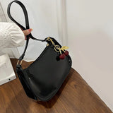 Women's PU Leather Handbag Versatile Fashion Solid Color Cherry Pendant Shoulder Bag Casual Commuting Bag Girl Underarm Bag