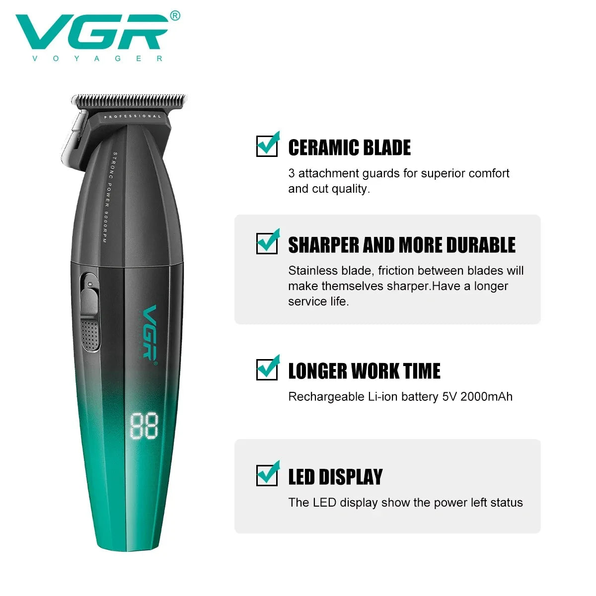 VGR Hair Trimmer Professional Barber Cordless Clipper Electric Hair Cutting Machine Metal Hair Trimmer for Men V-003 V-906 V-308