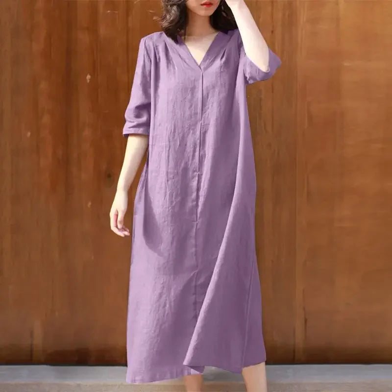 Vestido elegante de verano 2022 para mujer, de algodón y fibra de cáñamo, talla grande, con escote en V, monocromático, de longitud media y empalmado. 