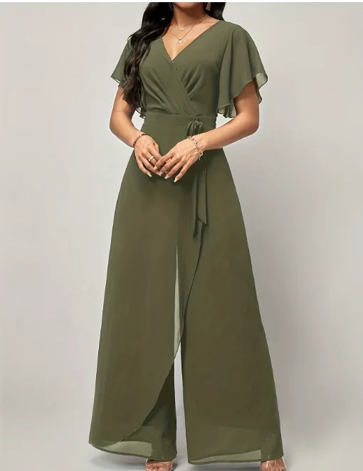 Women's New Solid V Neck Flutter Sleeve Tie Waist Split Wide Leg Jumpsuit Elegant Slimming Versatile Party Daily Casual Jumpsuit
