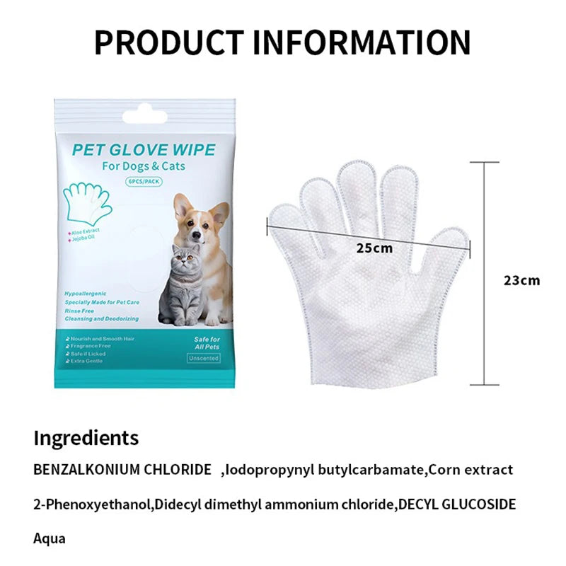 6pcs/bag Pet Wash-Free Gloves for Cats and Dogs - Bathing, Cleaning, Dry Cleaning Wipes, Deodorizing Wipes, Pet Products