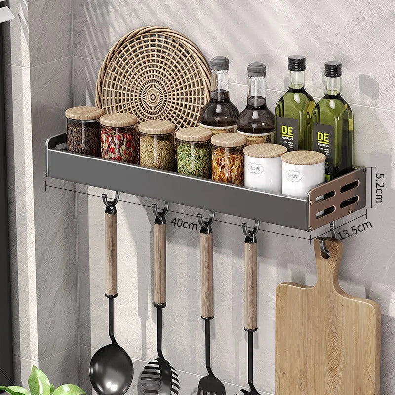 Gunmetal Space Aluminum Kitchen Storage Rack - No-Drill Wall Mounted Multi-Functional Organizer for Spice Jars and Knives