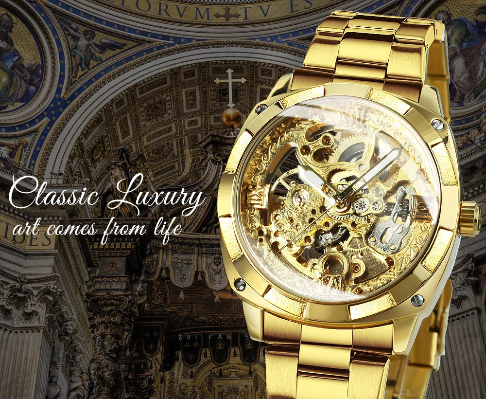 Forsining Square Skeleton Mechanical Watches Luxury Engraved Movement Retro Automatic Watch for Men Steel Strap Luminous Hands
