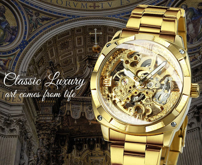 Forsining Square Skeleton Mechanical Watches Luxury Engraved Movement Retro Automatic Watch for Men Steel Strap Luminous Hands