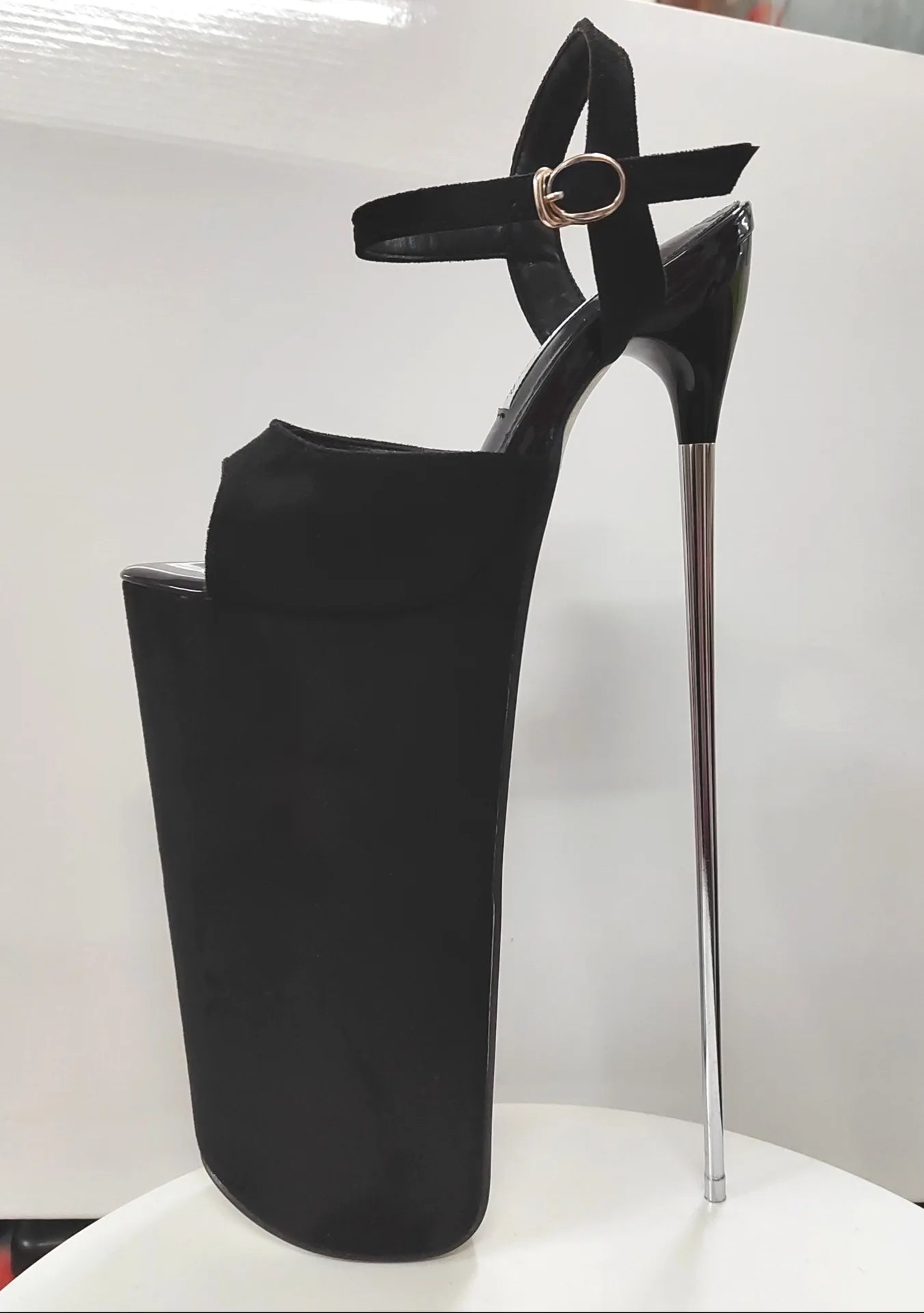 New Super High Thin Heels 30 Cm Steel Heels Large Size Women's Sandals Suede Black Buckle Sky-high Sexy Shoes platform sandals