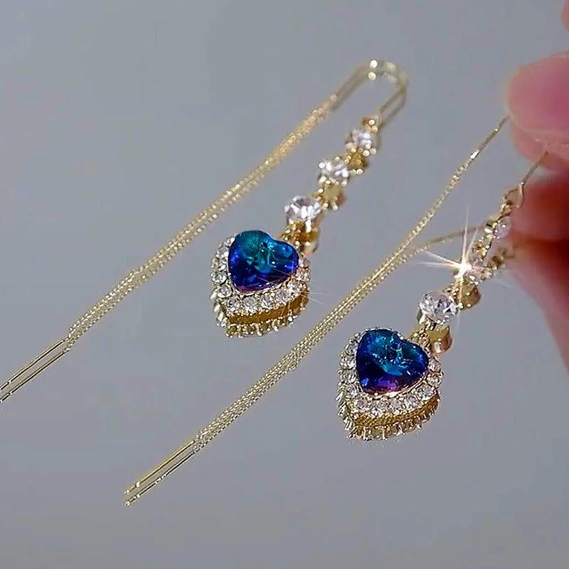 Blue Heart Shaped Zircon Long Tassel Gold Color Ear Wire for Women Elegant Exquisite Temperament Ladies Wedding Party Jewelry