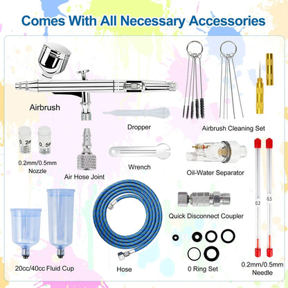 Dual-Action Gravity Airbrush Kit, 0.2/0.3/0.5mm Needles 7/20/40cc Cups Cleaning Tools for Makeup Nail Art Painting Car Detailing