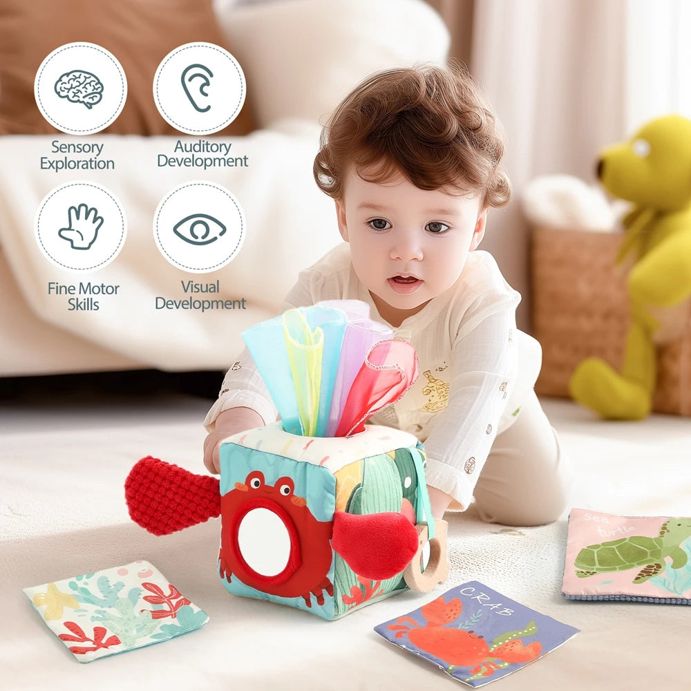 Baby Toys Magic Tissue Box Cotton Finger Exercising Montessori Busy Board Game Educational Toy Soft Rattle Game Ocean Cloth Book