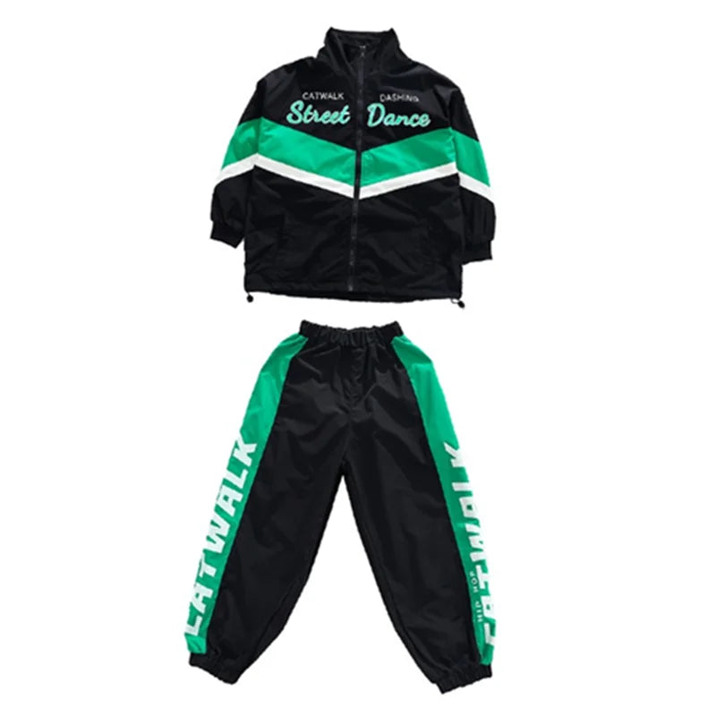 Hip Hop Girls Contrast Bomber Jacket Sport Pants Boys Street Dance Coat Streetwear Kids Jazz Clothes Set Children School Uniform