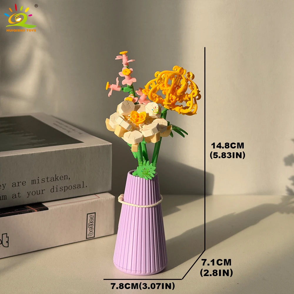 HUIQIBAO MOC Eternal Flower Bouquet with pot Micro Building Block Sunflower Rose Mini Model Brick Toy home Desk Decoration