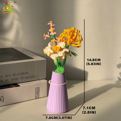 HUIQIBAO MOC Eternal Flower Bouquet with pot Micro Building Block Sunflower Rose Mini Model Brick Toy home Desk Decoration