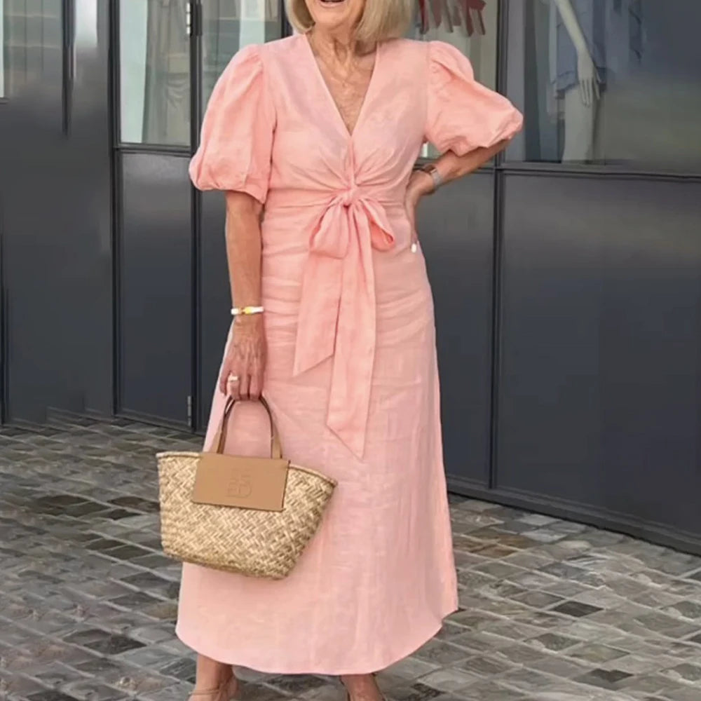 Plus size feminino sólido elegante com decote em v rendas puff manga maxi vestido verão casual praia vestido de verão para senhoras xl 2xl 3xl 4xl 5xl