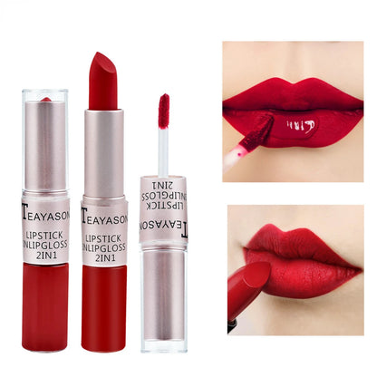 Lápiz labial mate aterciopelado de larga duración, brillo labial de doble cabezal, taza antiadherente, brillo labial, tinte voluminizador, lápiz labial resistente al agua, maquillaje