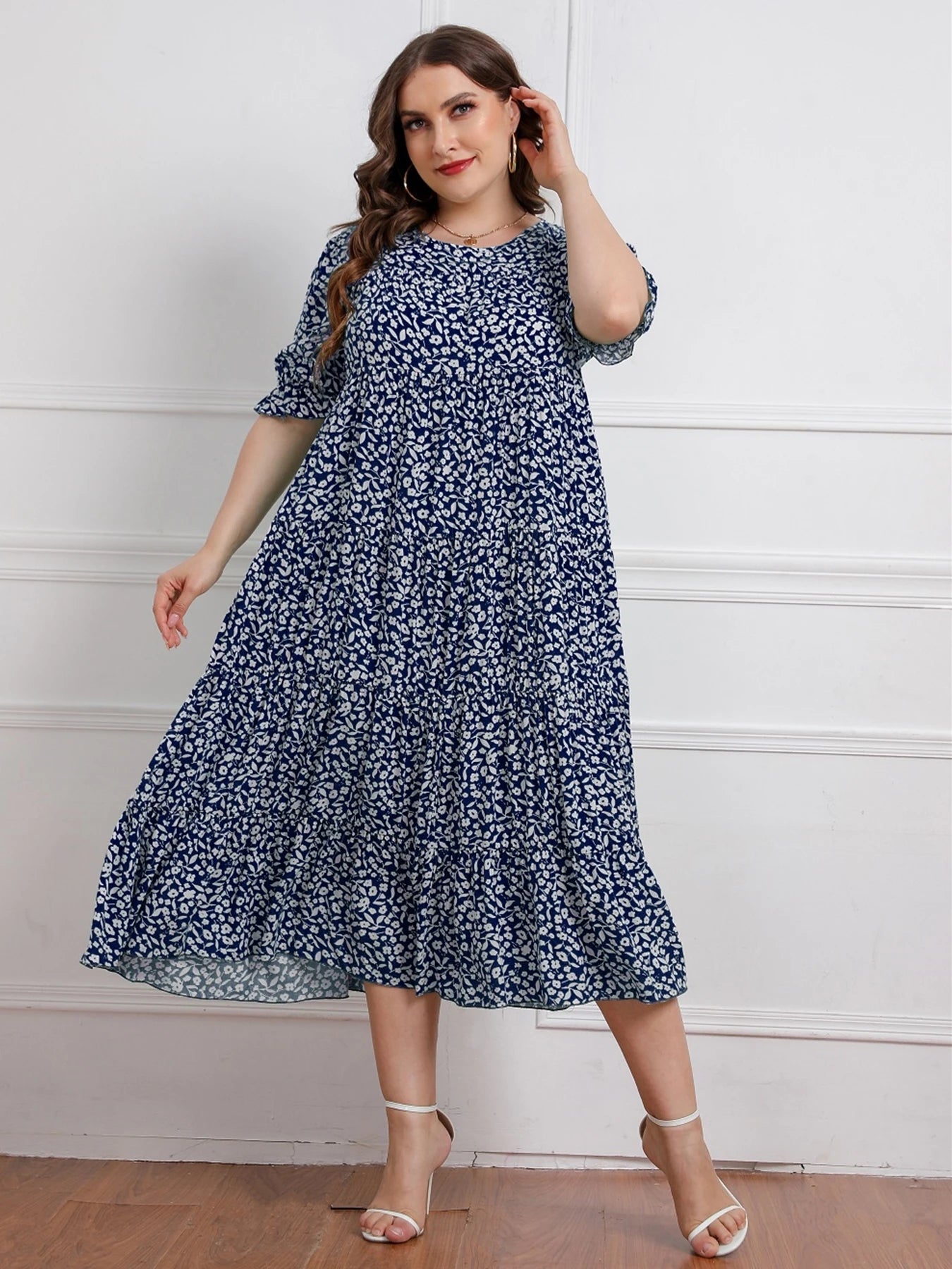 Plus size nova chegada o pescoço manga curta floral impressão verão boêmio vestidos de praia casuais para mulheres tamanho grande