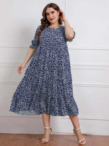 Plus size nova chegada o pescoço manga curta floral impressão verão boêmio vestidos de praia casuais para mulheres tamanho grande
