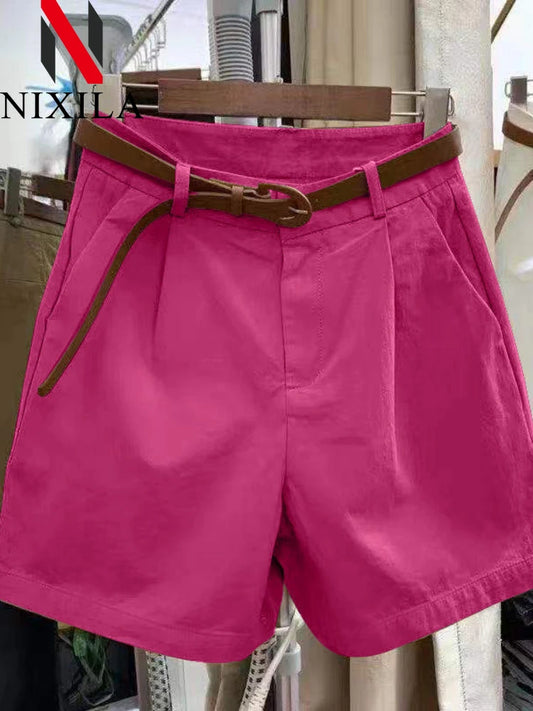 Pantalones cortos de algodón de verano para mujer, estilo coreano, holgados, informales, de pierna ancha, con cinturón, color liso, rosa y rojo, ropa femenina