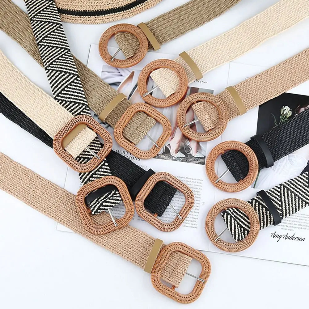 Fashion Women PP Straw Belt Bohemian Wide Elastic Waist Belt Braided Waistbelt Summer Casual Cloth Waistbelt Apparel Accessories