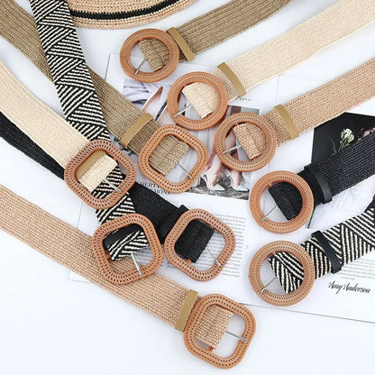 Fashion Women PP Straw Belt Bohemian Wide Elastic Waist Belt Braided Waistbelt Summer Casual Cloth Waistbelt Apparel Accessories