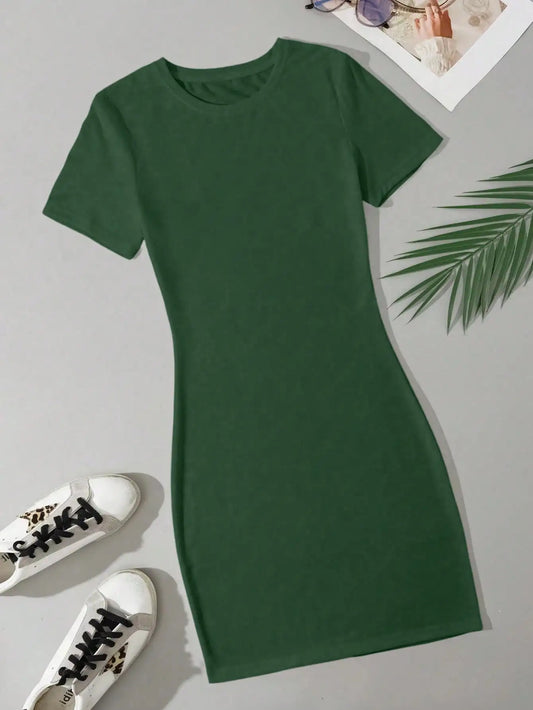 Vestido mini corto de verano para mujer, sencillo, verde, liso, informal, ajustado, de manga corta y cuello redondo, 2024
