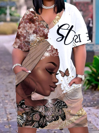 Vestido plus size com estampa gráfica e letras, vestido casual de manga curta com gola redonda, roupas femininas plus size