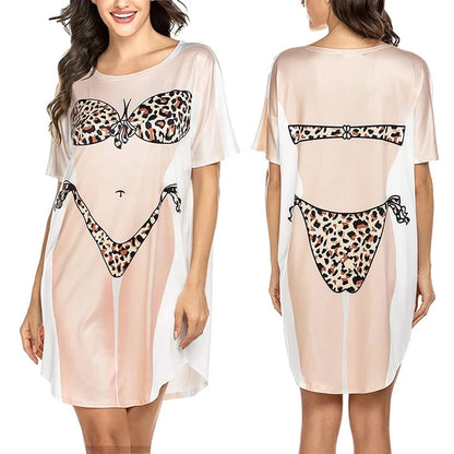 Vestido de verano de moda para mujer, estampado de bikini 3D, cuello redondo, manga corta, holgado, para el hogar, bonito pijama de talla grande para mujer 