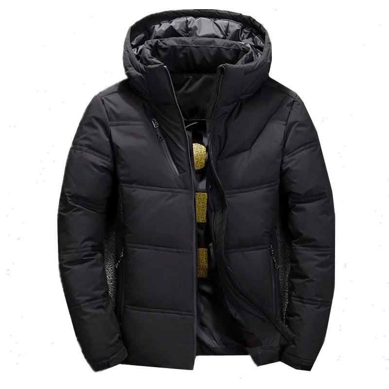 Chaqueta de plumón de 20 grados para hombre, parka de invierno para hombre, chaqueta de plumón de pato blanca con capucha para exteriores, abrigo de nieve acolchado grueso y cálido de gran tamaño M-4XL