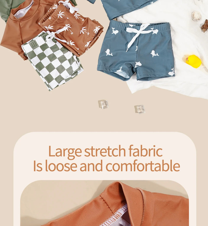 Summer Baby-Boys Toddler Long Sleeved Rashguard Swim Bathing Suit Set Long Sleeve Round Collar Sunscreen Swimsuit