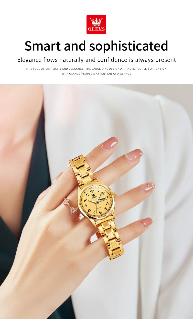 Relogio feminino de luxo bicolor aço inoxidavel e calendario duplo