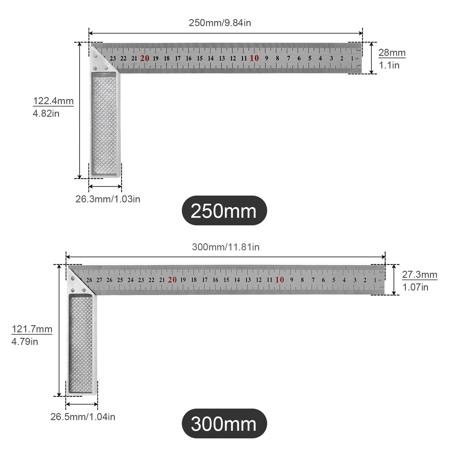 Stainless steel 250mm/300mm Aluminum Alloy Square Ruler Right Angle Measuring Rule Tool Angle Square Ruler 90 Thickened Handle