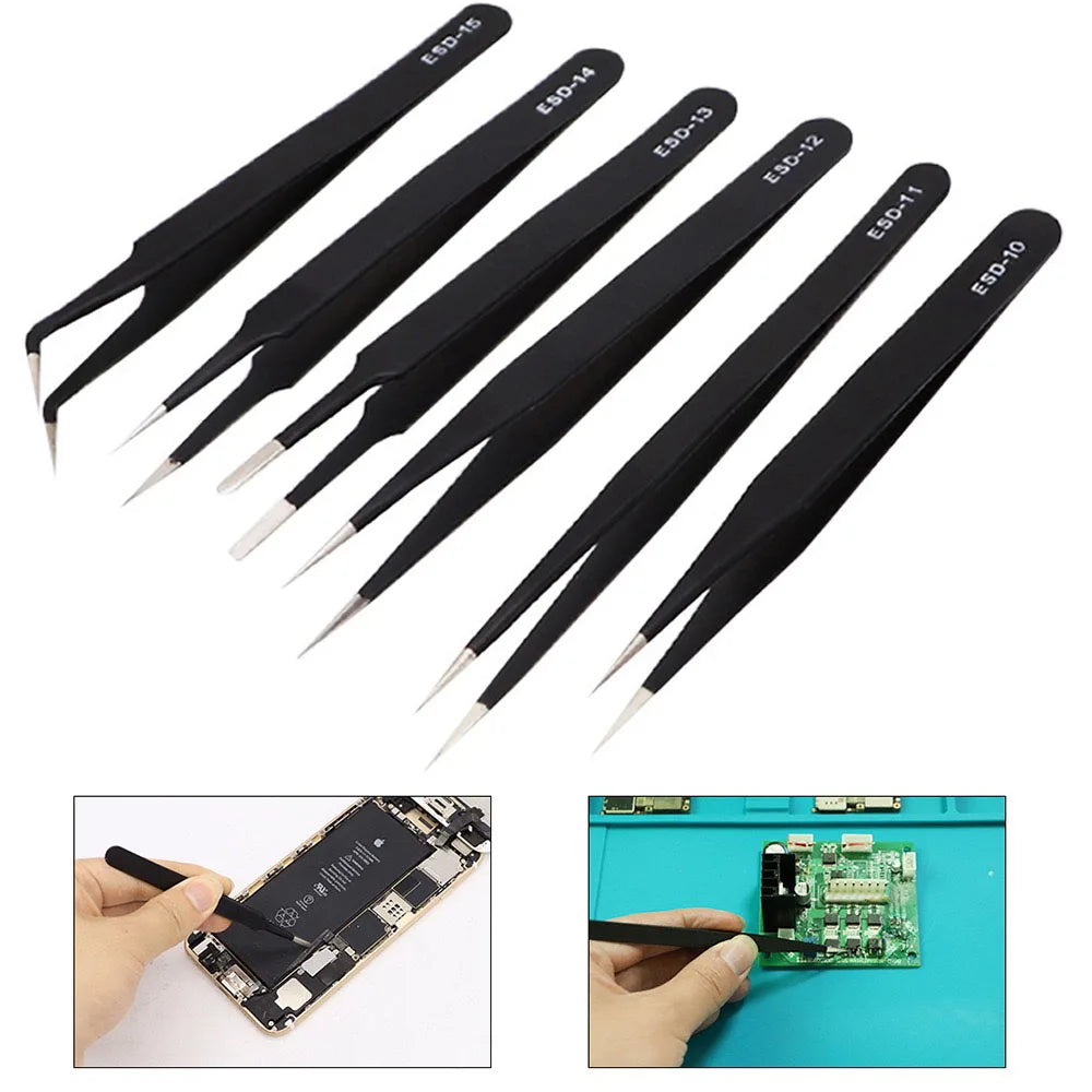 6 pinzas antiestáticas de acero inoxidable para mantenimiento de precisión, reparación industrial, modelismo curvo, herramienta manual.