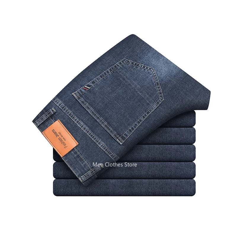2024 Brand Thin or Thick Material Men's Elastic Cotton Jeans Fashion Gray Comfortable Denim Business Casual High Waist Pants