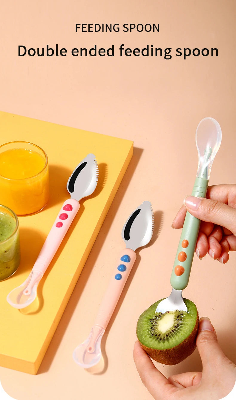 Baby Fruit Scraping Mud Spoon Double Head Silicone Stainless Steel Children Utensil Toddler Infant Food Eating Feeding Tableware