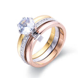 FYSARA Anillo de acero inoxidable de tres colores con diseño abombado, elegante anillo de compromiso con cristales de circón para niñas y mujeres, regalo al por mayor