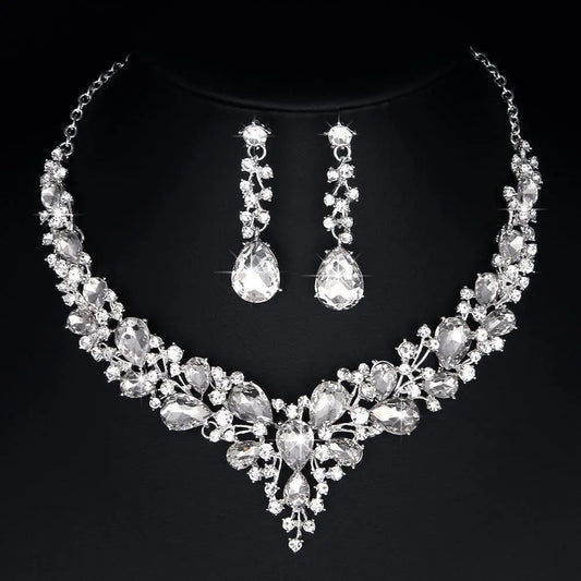 1Set Women Jewelry Party Wedding Bridal Austrian Crystal Teardrop Cluster Statement Necklace Dangle Earrings Gifts For Her